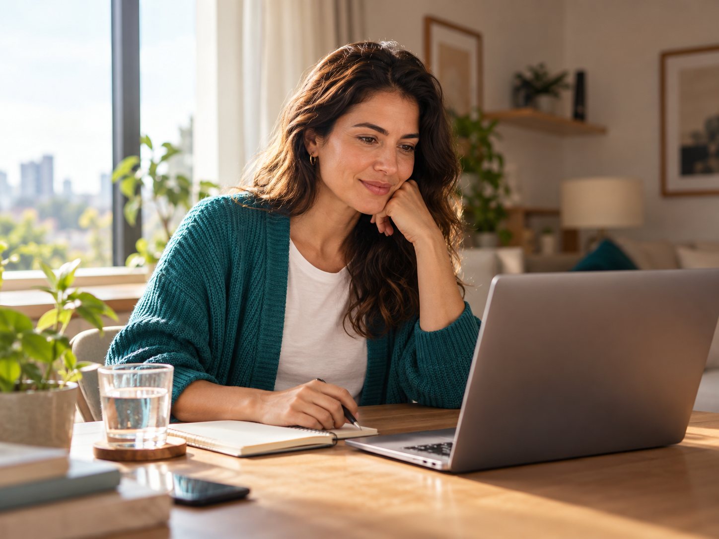 Mulher em consulta por vídeo no notebook, em casa