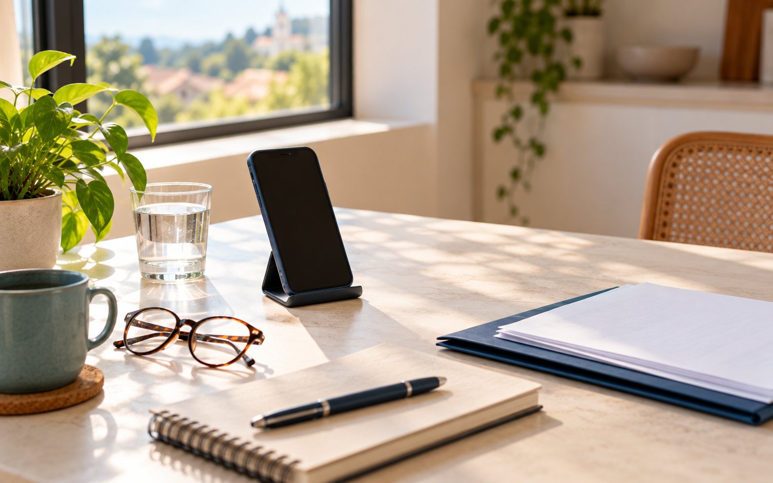 Mesa organizada com celular no suporte, caderno, óculos e uma pasta de documentos, perto de uma janela